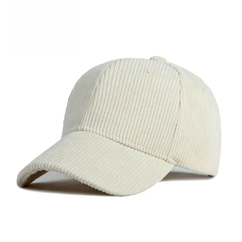 Beige white corduroy baseball cap on a white background