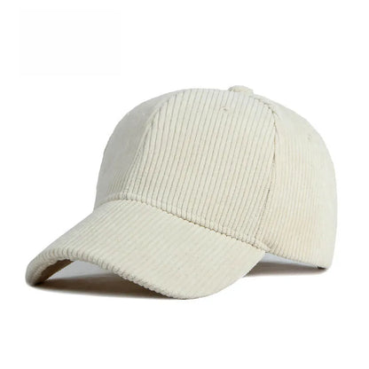 Beige white corduroy baseball cap on a white background