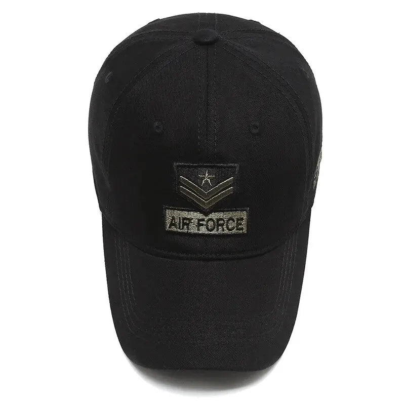 Black Air Force cap with emblem on a white background - Upper view
