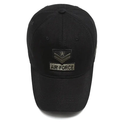 Black Air Force cap with emblem on a white background - Upper view