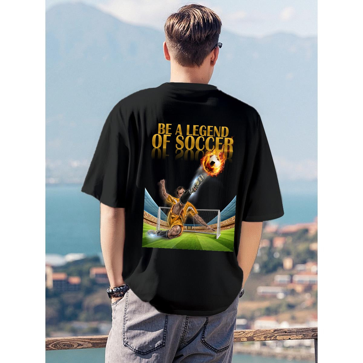 Black Be A Legend Of Soccer t shirt with football player and goal graphic