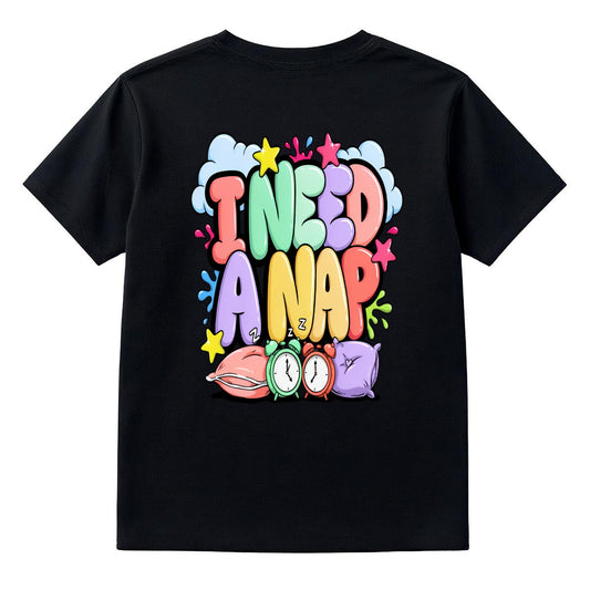 Black I Need A Nap t shirt with colorful sleepy graphic printed on the back, 220 gsm