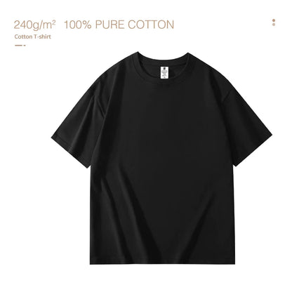 240 gsm ultra heavyweight Black oversized blank t shirt with text indicating 100% pure cotton on a white background