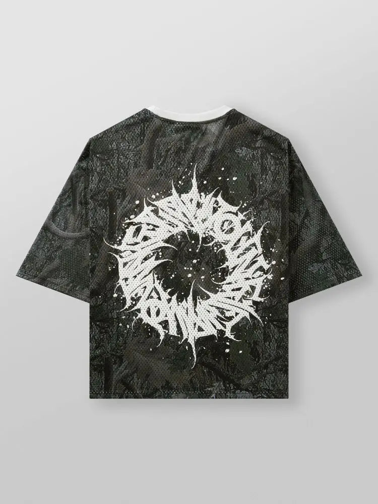 Camouflage oversized graphic tee with white maelstrom graphic design on the back of the tee