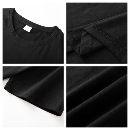 Collage of close-up details of a most comfortable black plain t shirt on a white background