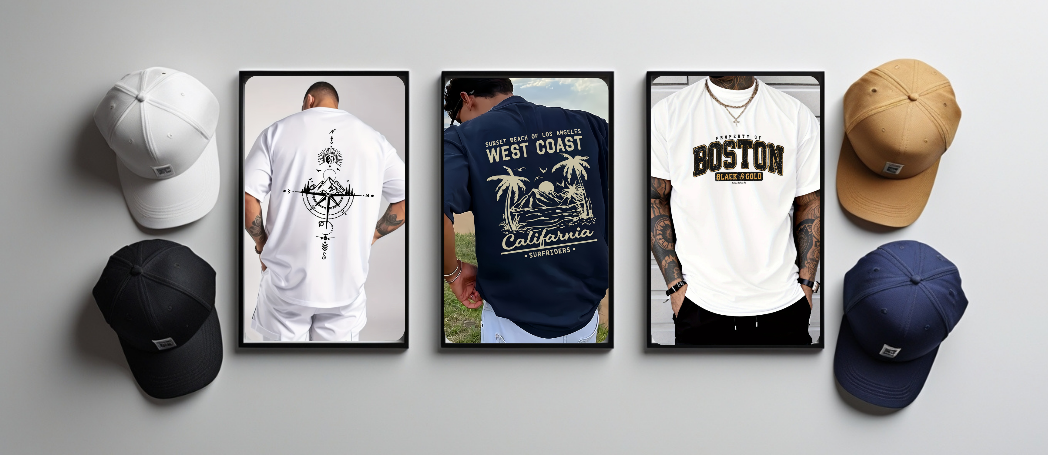 Collection of t-shirts and caps with text and graphics on a gray background