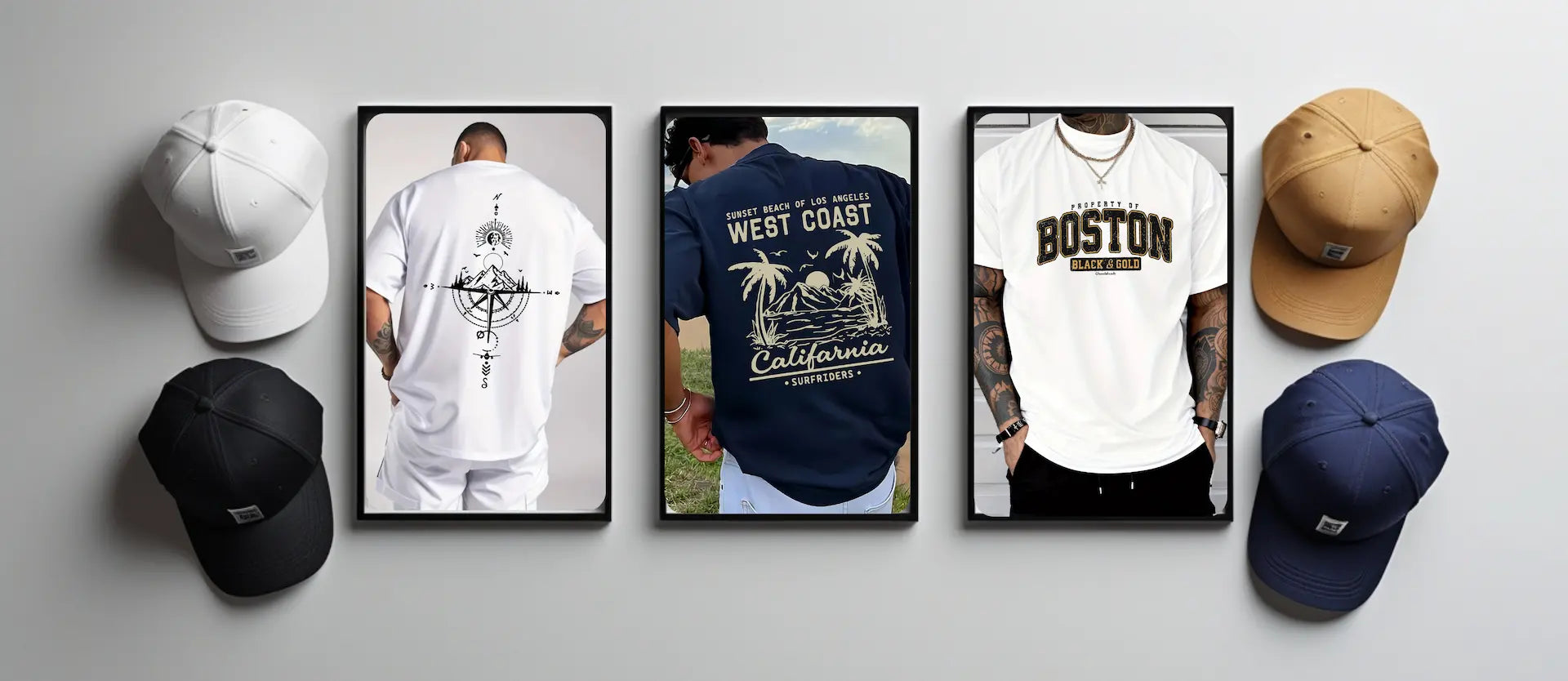 Collection of t-shirts and caps displayed on a gray background