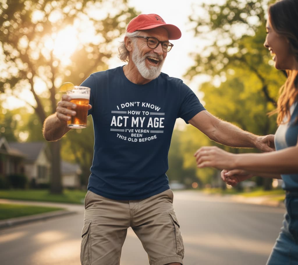 Man wearing a blue sarcastic aging humor tee  with humorous text, holding a glass of juice, standing on a street with a woman.