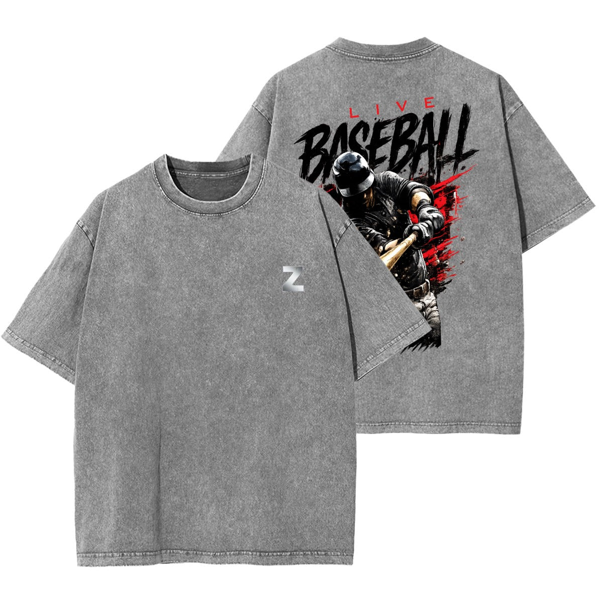 Washed Live Baseball t shirt with batter swinging at baseball graphic
