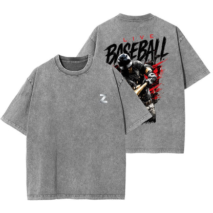 Washed Live Baseball t shirt with batter swinging at baseball graphic