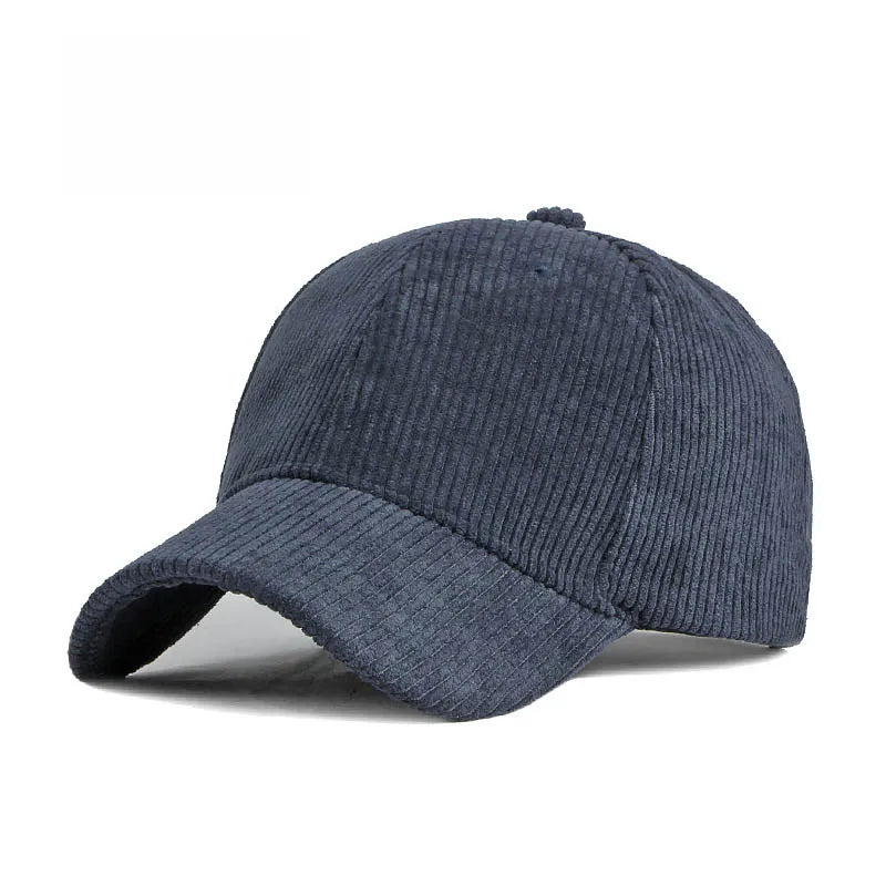 Navy Blue corduroy baseball cap on a white background