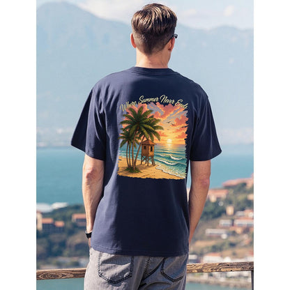 Navy Where Summer Never Ends t shirt with tropical beach sunset graphic