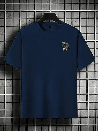 Navy blue koi fish oversized t shirt with a small logo on a hanger against a grid background