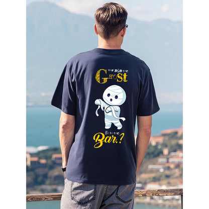 Navy funny ghost t shirt with cartoon ghost and yellow typography graphic