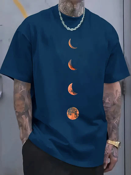 Person wearing a navy moon tee with moon phases design against a neutral background