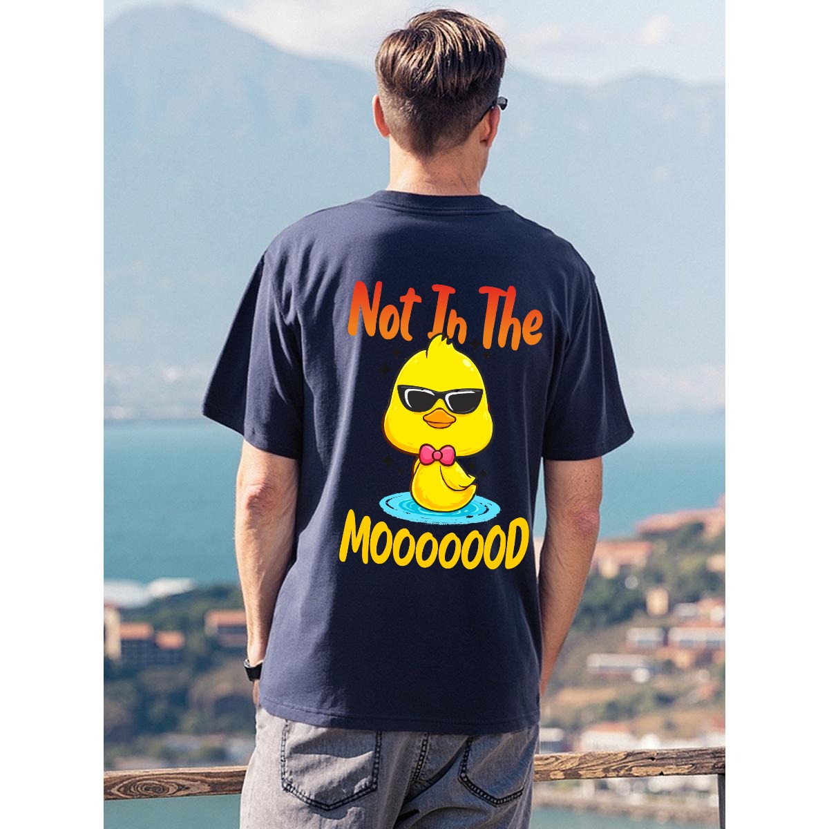 Navy Not In The Mooooood t shirt with cartoon duck wearing sunglasses