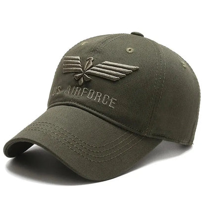Olive green air force baseball cap with US Air Force logo and text on a white background