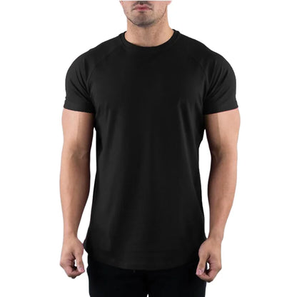 Man wearing a Plain black dri fit t shirt on a white background