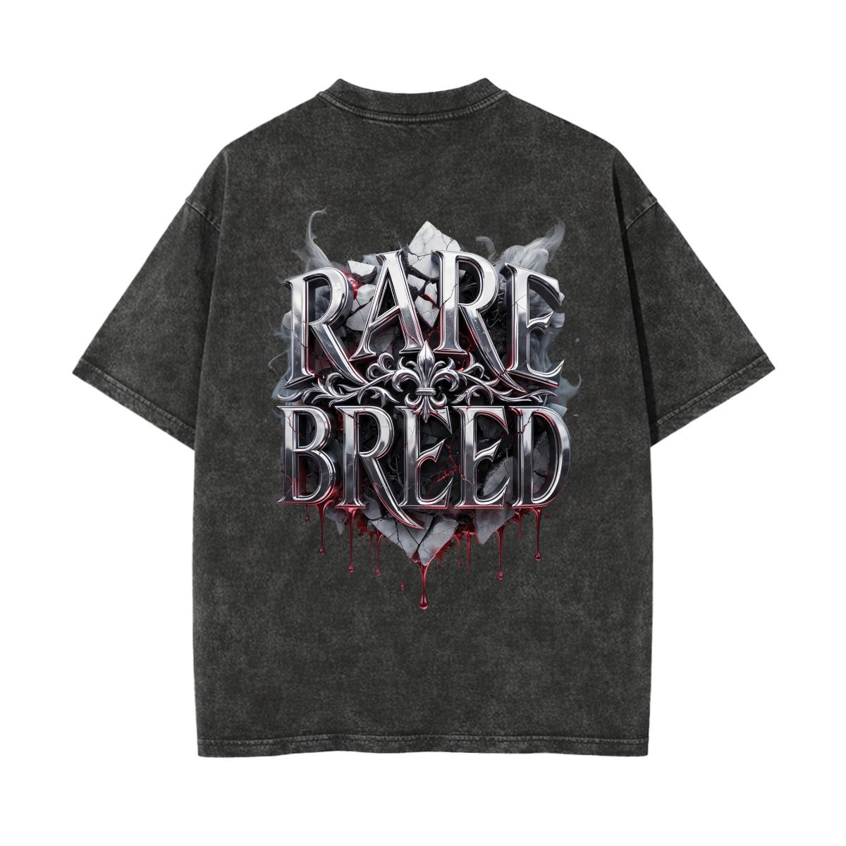 A dark gray acid-wash t-shirt with a large graphic on the back reading 'RARE BREED' in metallic silver letters with red blood-like drips, shown against a plain white background.