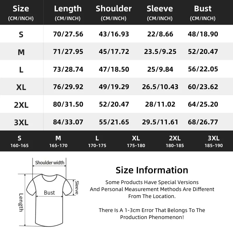 Size chart for t shirts with measurements in centimeters and inches.