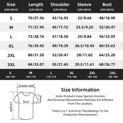 Size chart for t shirts with measurements in centimeters and inches.