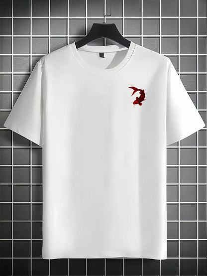 White koi fish t-shirt with a red logo on a hanger against a tiled wall background