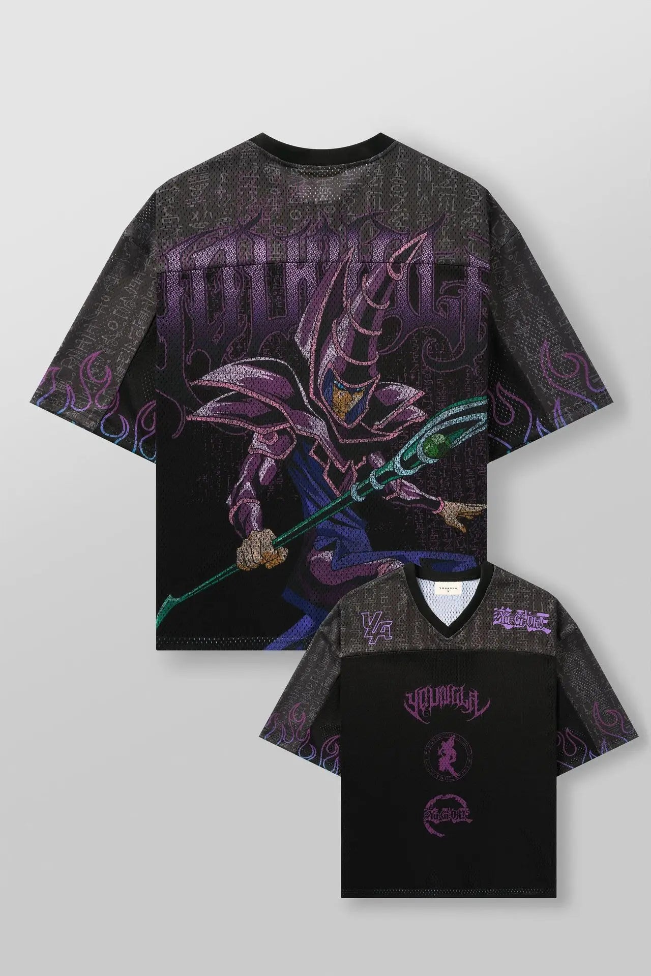 back and front of oversized anime graphic tee, Mystical sorcerer anime hero printed on a back side of t shirt