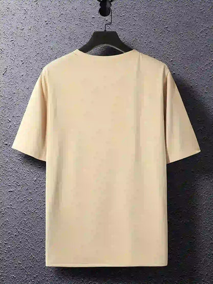 back view, Beige Moon phase graphic t-shirt on a hanger against a gray wall