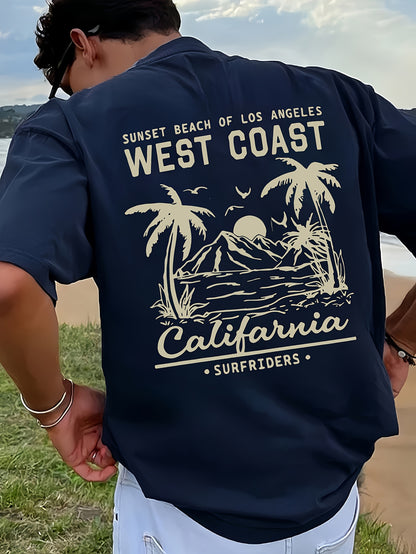 Person wearing a navy blue shirt with 'West Coast California' design, standing outdoors.