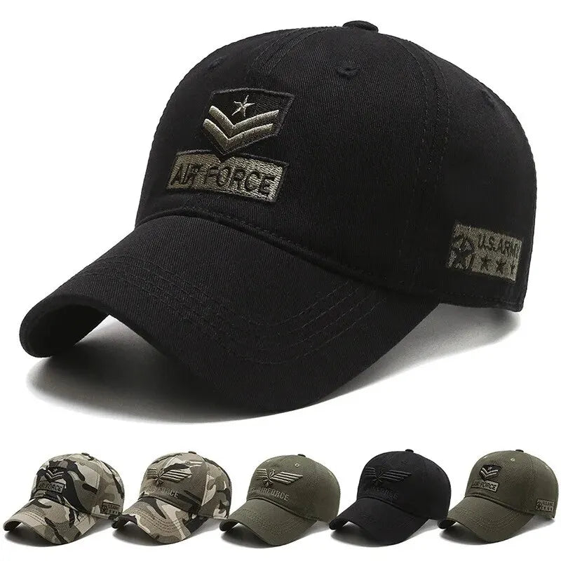Black Air Force \baseball cap with embroidered logo on a white background 