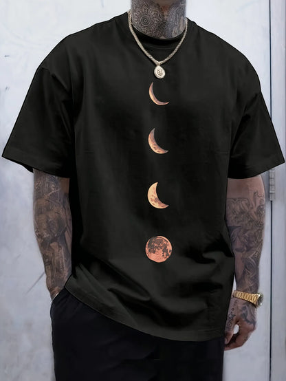 Person wearing a black moon tee with moon phase design against a light gray background