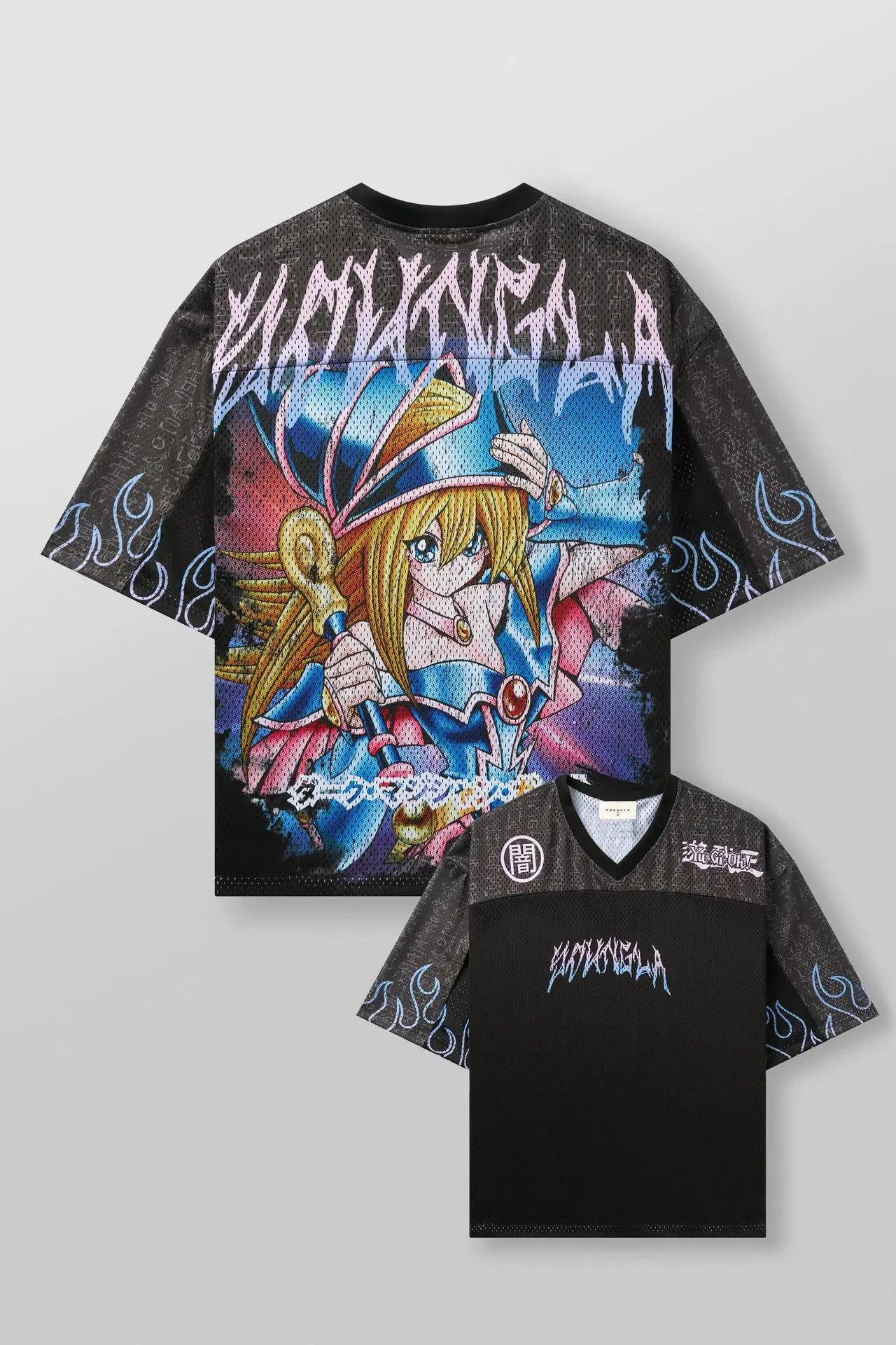 cartoon t shirt with anime-themed designs on a gray background