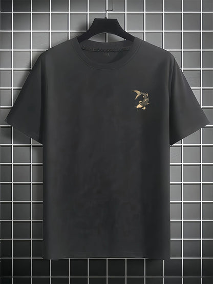 Black koi fish t shirt with a small design on a hanger against a tiled wall.
