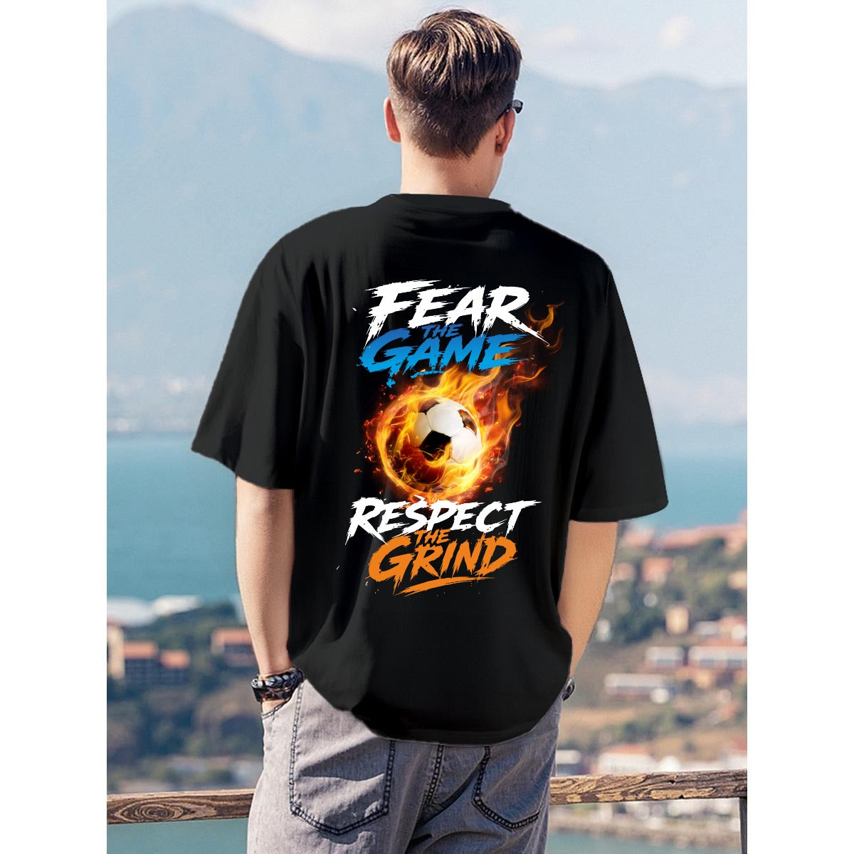 Black Fear The Game Respect The Grind t shirt with flaming soccer ball graphic