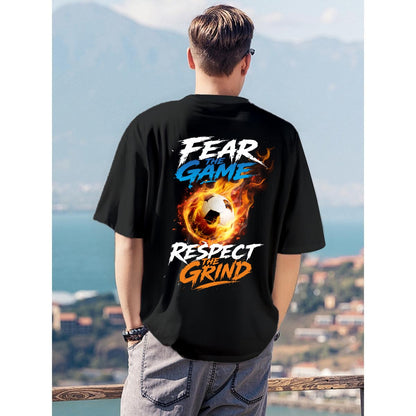 Black Fear The Game Respect The Grind t shirt with flaming soccer ball graphic