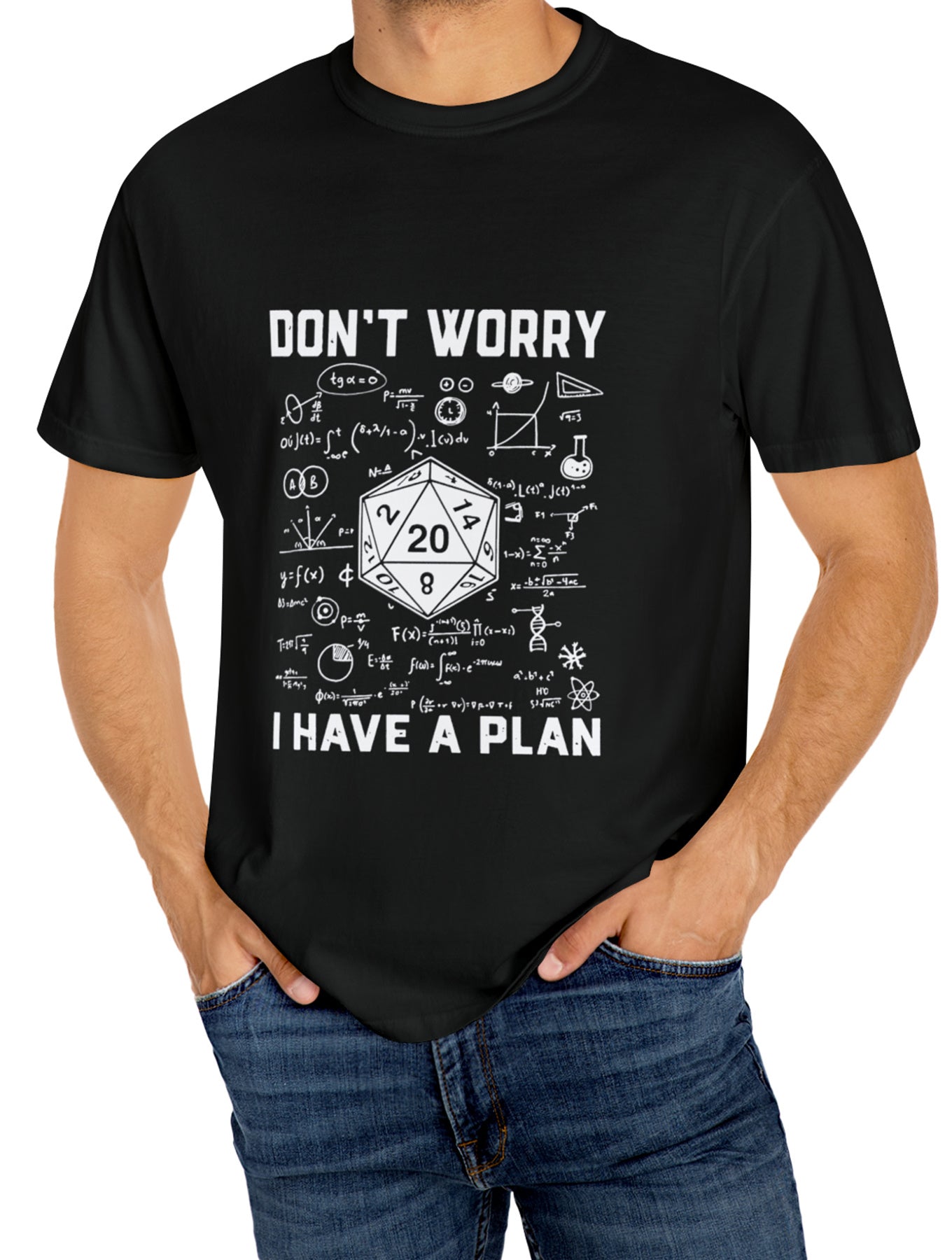 maths formulas printed t shirt, worn by a person.