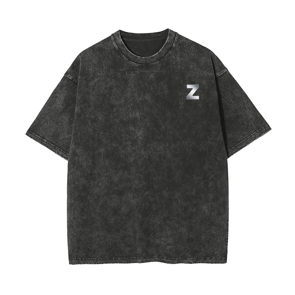 A dark gray acid-wash short-sleeve t-shirt with a small silver 'Z' logo on the left chest, displayed flat against a solid white background.