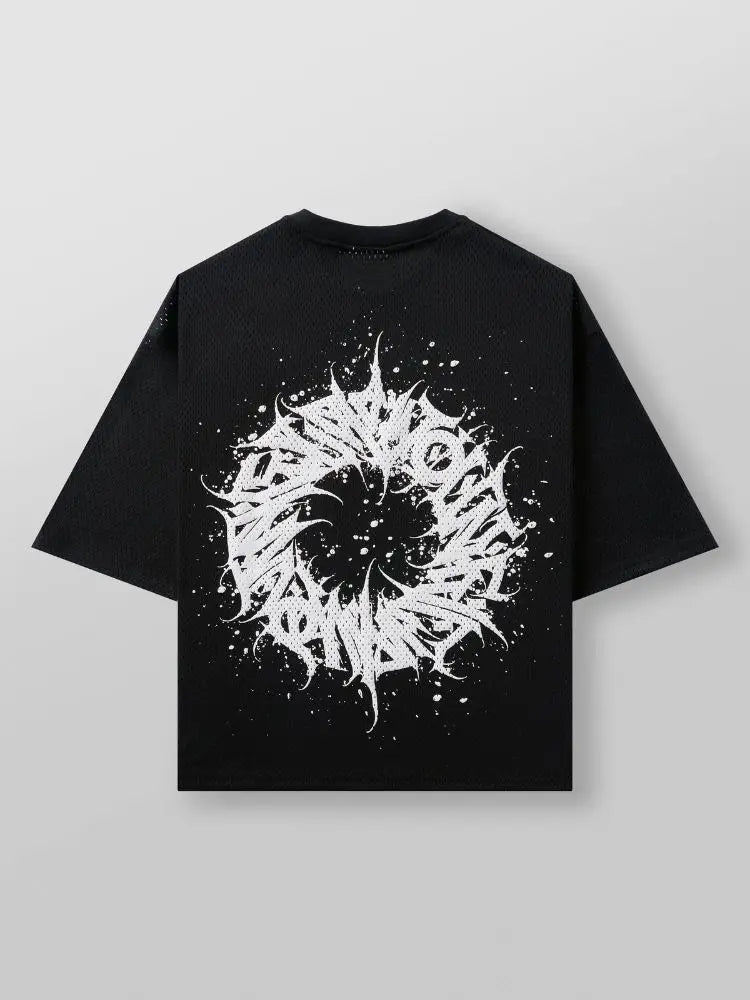 oversized Black graphic t shirt with a white abstract maelstrom design on the back of the tee
