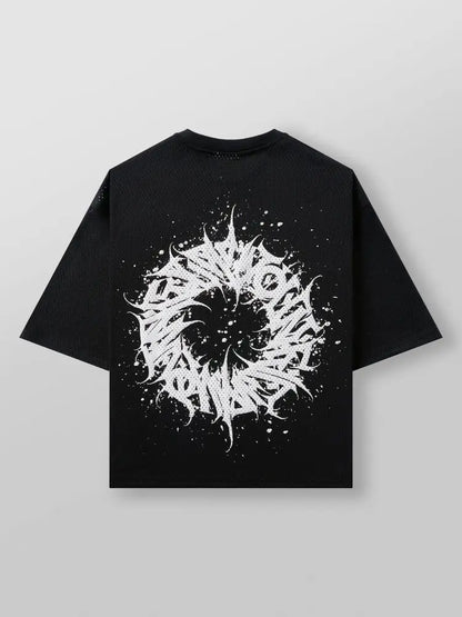 oversized Black graphic t shirt with a white abstract maelstrom design on the back of the tee
