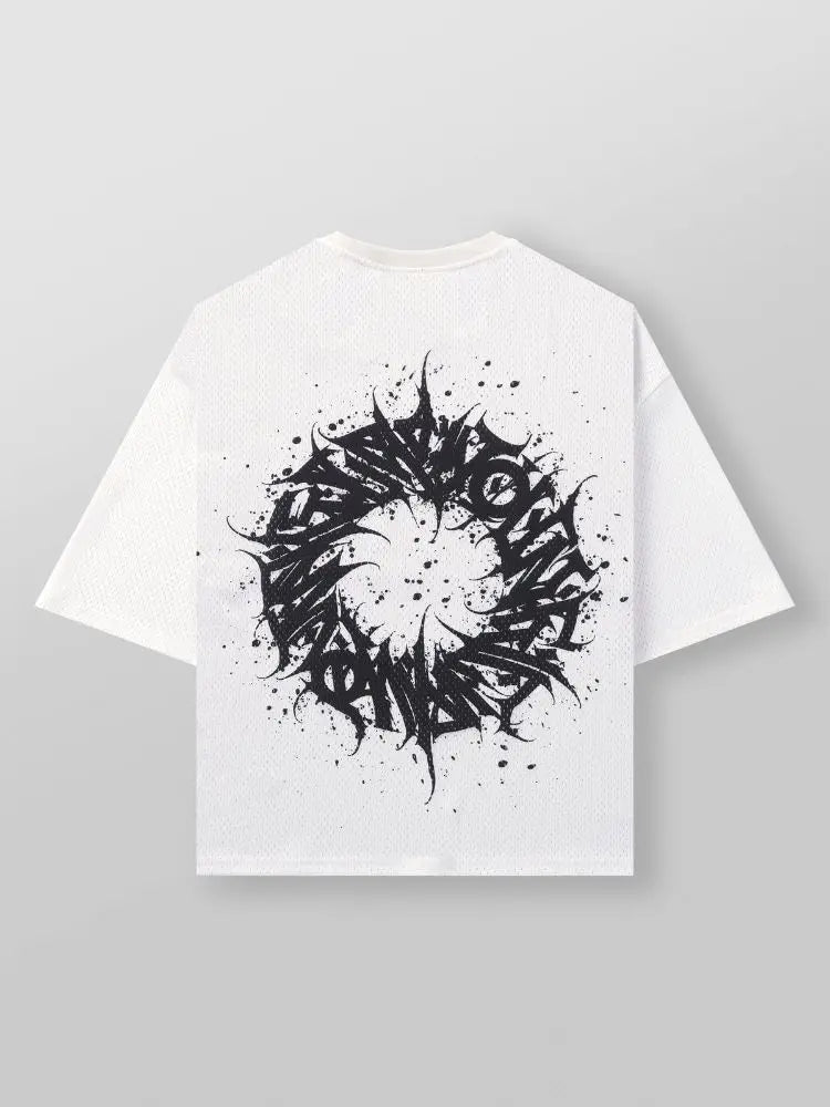 oversized white graphic t shirt mens with bold maelstrom design on back of the t shirt against a white background 