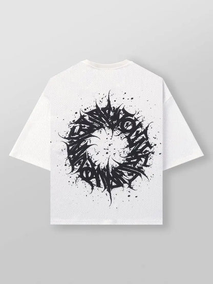oversized white graphic t shirt mens with bold maelstrom design on back of the t shirt against a white background 