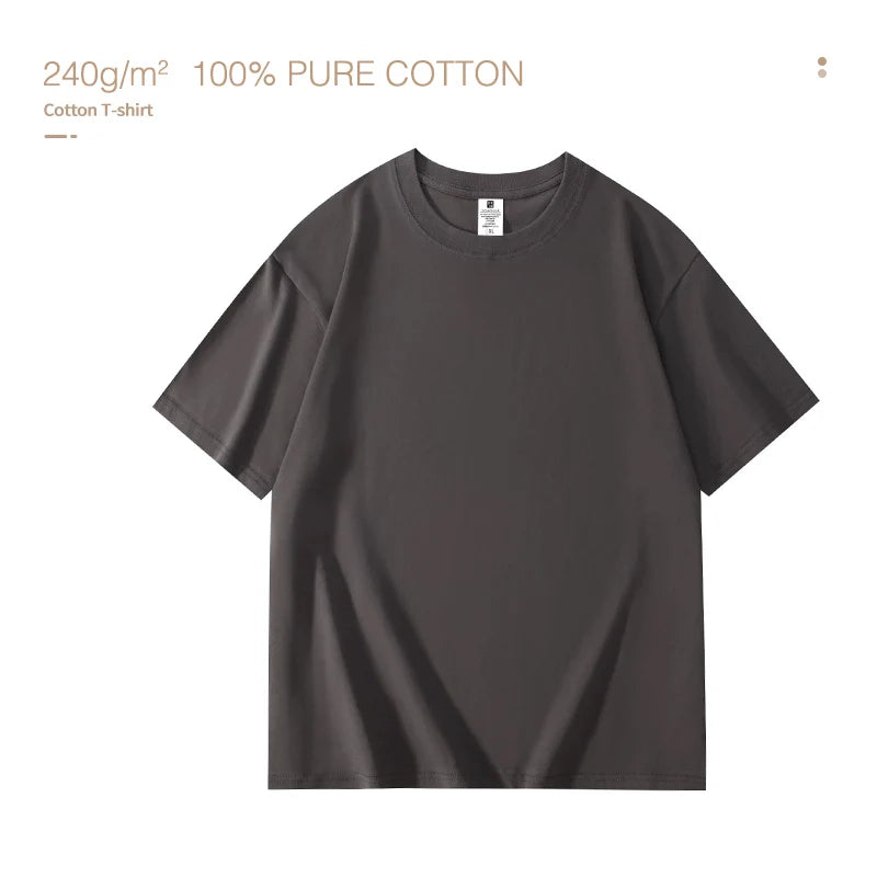 ultra heavyweight steel gray plan oversized t shirt with '100% Pure Cotton'  and 240gsm text on a white background