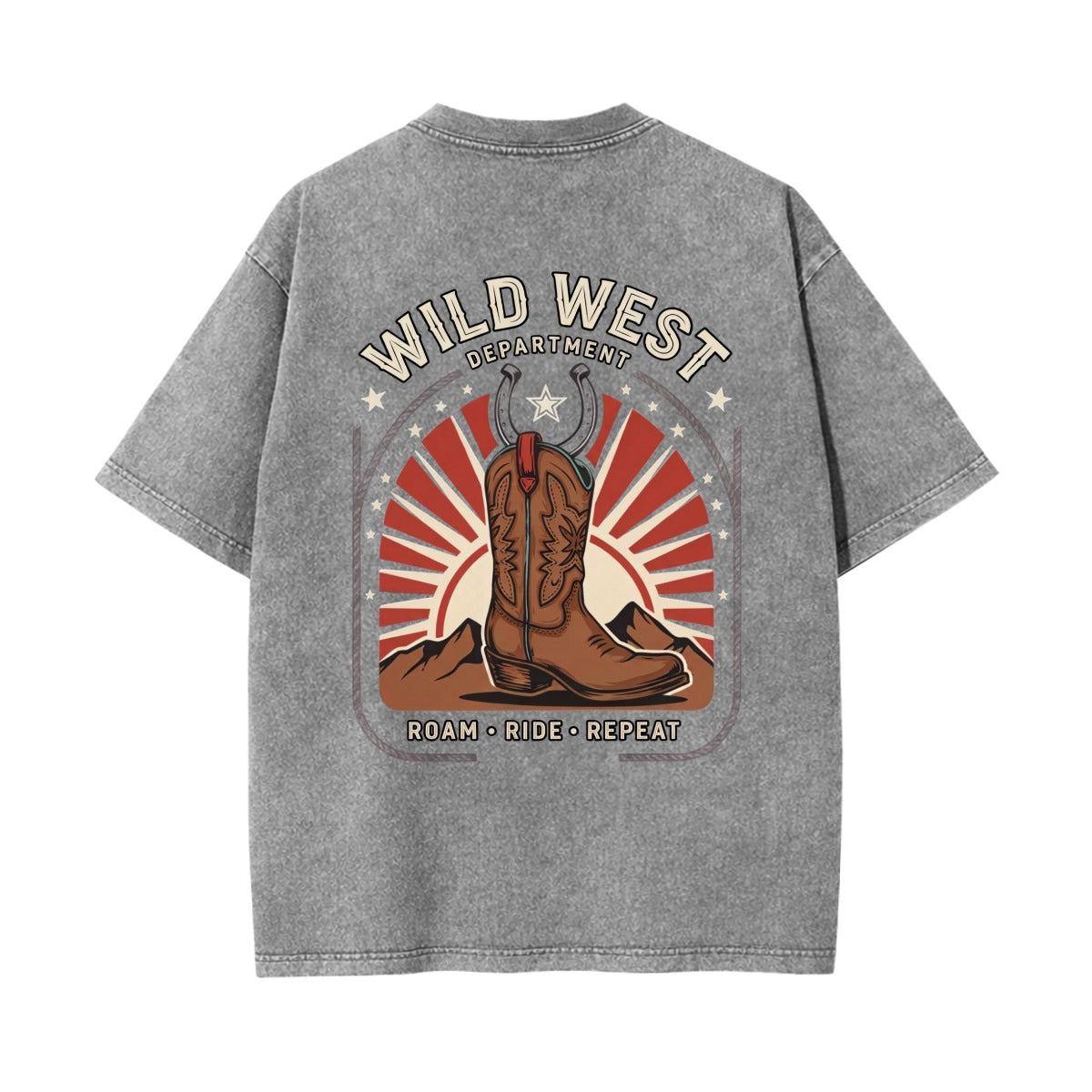 A gray washed short-sleeve t-shirt shown from the back, featuring a large 'Wild West Department' graphic with a cowboy boot, mountains, and red sunburst design.